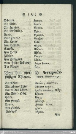 Von den vierfüssigen Thieren. O Četveronožnych' Životnych'