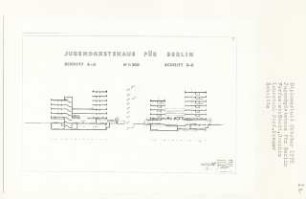Jugendgästehaus für Berlin, Berlin-Charlottenburg (Diplomarbeit bei Willy Kreuer): Schnitte 1:200