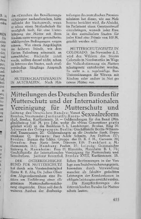 Mitteilungen des Deutschen Bundes für Mutterschutz und der Internationalen Vereinigung für Mutterschutz und Sexualreform