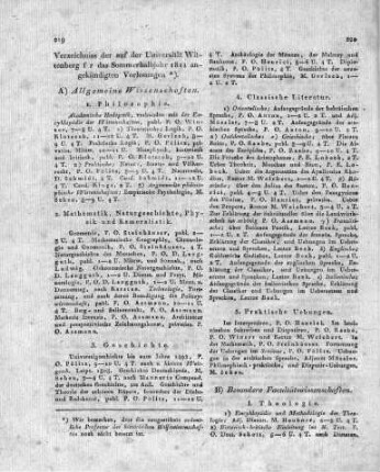 Verzeichniss der auf der Universität Wittenberg für das Sommerhalbjahr 1811 angekündigten Vorlesungen.