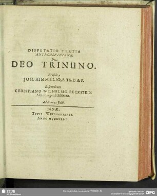 Disputatio Tertia Anti-Calviniana, De Deo Trinuno