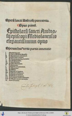 Epistolarum sancti Ambrosii episcopi Mediolensis elegantissimum opus.