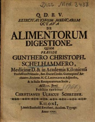 Exercitationum Medicarum Octava De Alimentorum Digestione