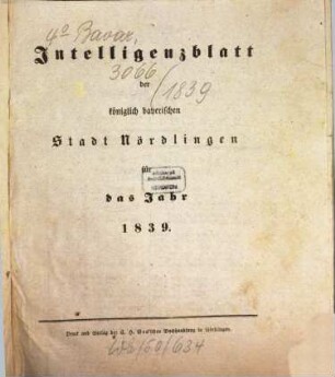 Intelligenzblatt der Königlich Bayerischen Stadt Nördlingen. 1839