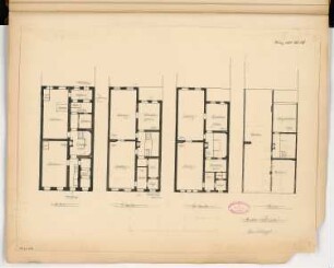 Städtisches Wohnhaus, Berlin Monatskonkurrenz März 1888: Grundriss Keller, 1. und 2. Obergeschoss, Dachgeschoss; Maßstabsleiste