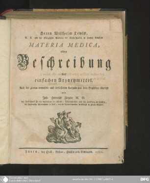 Willhelm Lewis Materia medica oder Beschreibung der einfachen Arzneymittel