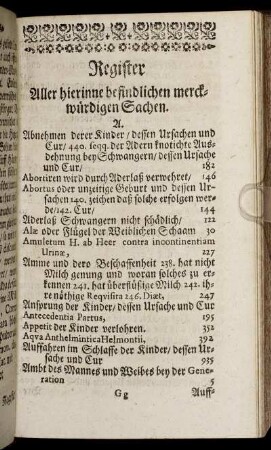 Register Aller hierinne befindlichen merckwürdigen Sachen.