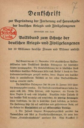 Denkschrift zur Begründung der Forderung auf Herausgabe der deutschen Kriegs- und Zivilgefangenen