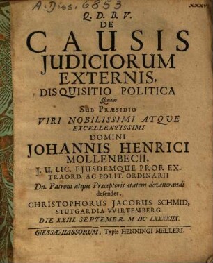 De Causis Judiciorum [Iudiciorum] Externis, Disquisitio Politica