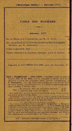 Table des matières. Février 1877.
