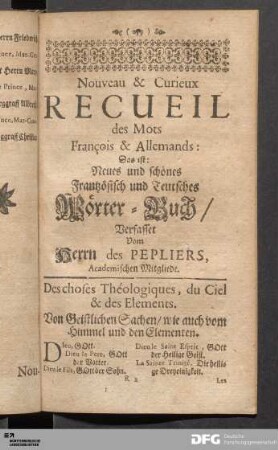Nouveau & Curieux Recueil des Mots François & Allemands