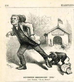 Governor Hendricks' "Bub". Gov. Tilden. "Et tu, Brute?" : ein Hund beißt in das Hosenbein von Gouverneur Tilden