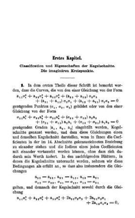 Erstes Kapitel. Classification und Eigenschaften der Kegelschnitte. Die imaginären Kreispunkte.