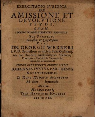 Exercitatio Iuridica De Amissione et Devolutione Feudi
