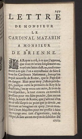 Lettre de monsieur le Cardinal Mazarin a Monsieur de Brienne.