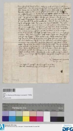 Eberhart von Tottenheim jun. meldet der Stadt Nürnberg, dass er den Ausspruch des Erzbischofs von Mainz und Herzogs Otto von Bayern als von ihren Raten ausgehend nicht anerkenne, dass er sein von Lanndshut und von Oetingen stammendes Eigentum reklamiere und sich zu Recht erbiete vor Graf Hanns von Wertheim.