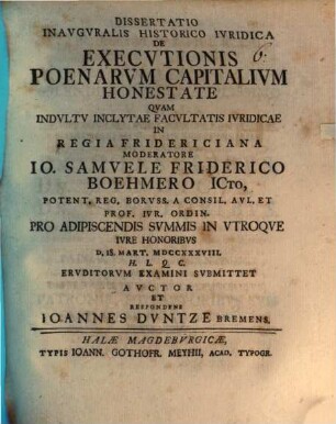 Diss. inaug. hist. iur. de executionis poenarum capitalium honestate