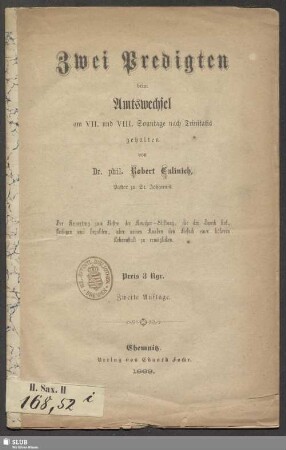 Zwei Predigten beim Amtswechsel am VII. und VIII. Sonntage nach Trinitatis