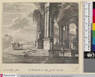 [Landschaft mit großer Ruine und einigen Personen]