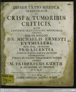 Dissertatio Medica Inauguralis De Crisi & Tumoribus Criticis