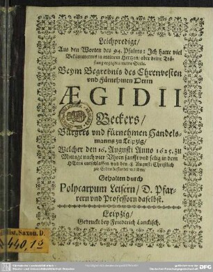 Leichpredigt...beym Begrebnis des...Aegid. Beckers...