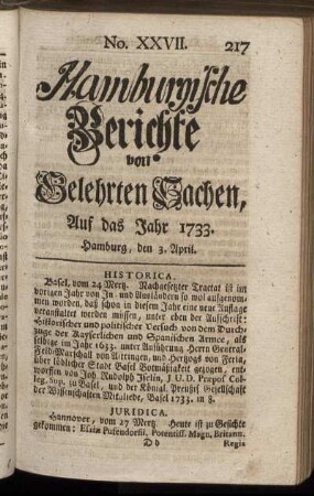No. XXVII. Hamburg, den 3. April 1733. - No. XXXIV. Hambug, den 28. April 1733.