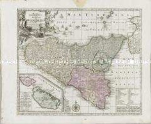 Mappa Geographica totius Insulae et Regni Siciliae. Mit einer Nebenkarte: Carte particuliere de l'Isle de Malte et des Isles voisines