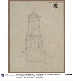Entwurf für ein rundes Monument auf viereckigem Unterbau mit Tür und Relieffiguren an den Ecken