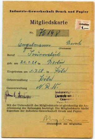 Industriegewerkschaft Durck und Papier - Mitgliedskarten