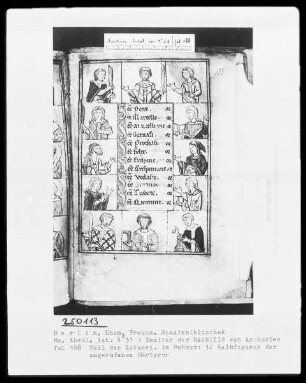Psalter der Mechthild von Anhalt — Litaneiseite, umrahmt von Brustbildern der angerufenen Heiligen, Folio 188recto