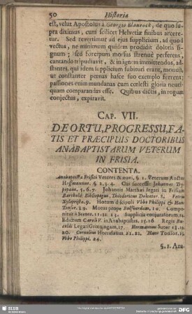 Cap. VII. De Ortu, Progressu, Fatis Et Praecipuis Doctoribus Anabaptistarum Veterum In Frisia