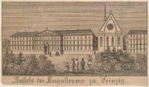 Die Westseite des Augustusplatzes in Leipzig mit dem Augusteum 1831-36 und der Paulinerkirche (1836-38 durch Albert Geutebrück umgebaut)