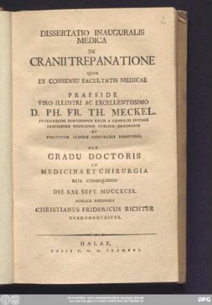 Dissertatio Inauguralis Medica De Cranii Trepanatione