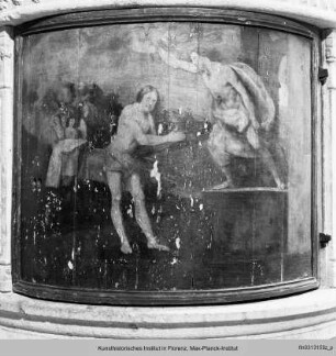 Fresken des Taufsteins: Geburt Johannes des Täufers, Predigt des Täufers, Taufe Christi, Salome bringt Herodes das Haupt des Täufers