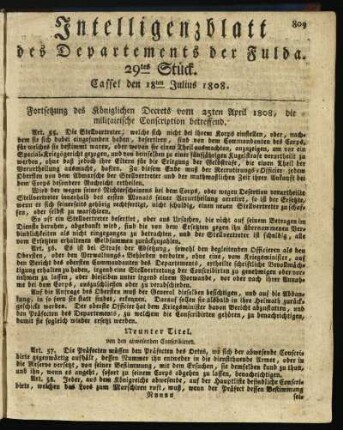 29tes Stück. Cassel den 18ten Julius 1808