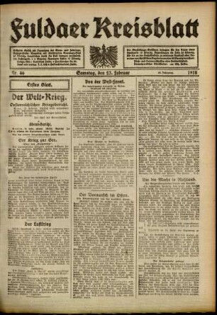 Erste Ausgabe vom Samstag, den 23. Februar 1918.
