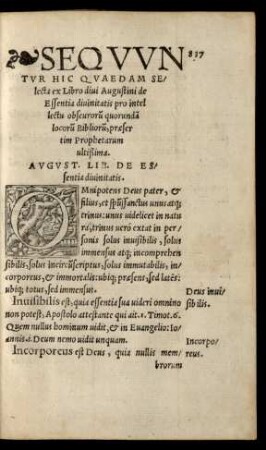 Sequuntur Hic Quaedam Selecta ex Libro divi Augustini de Essentia divinitatis ...