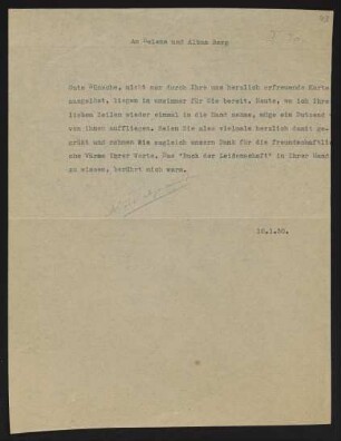 Brief von Gerhart Hauptmann an Helene Berg und Alban Berg