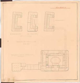 Hotel, Chemnitz: Grundrisse KG Hotel, KG, EG, 2. OG Wirtschaftsgebäude 1:200 (von Inv.Nr. 3010)