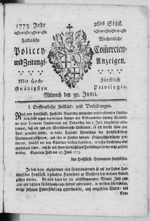 26tes Stück, Ausgabe vom 30. Junii 1773
