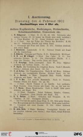 I. Auctionstag. Aeltere Kupferstiche, Radirungen, Holzschnitte, Schabkunstblätter, Convolute etc. (Nr. 1-321)