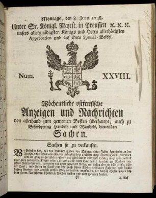Num. XXVIII. Montags, den 8. Julii 1748.