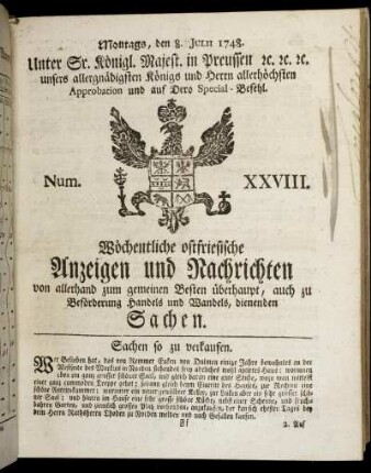 Num. XXVIII. Montags, den 8. Julii 1748.