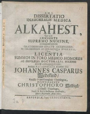Dissertatio Inauguralis Medica De Alkahest