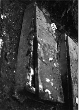 Grabstein 152 (Index: 100091474) Material: Granit Zustand: gut, Grabplatte verschoben Maße HxBxT: 200x80x40 cm Beschreibung: Grabplatte auf erhöhter Grabeinfassung: Grabstein 152