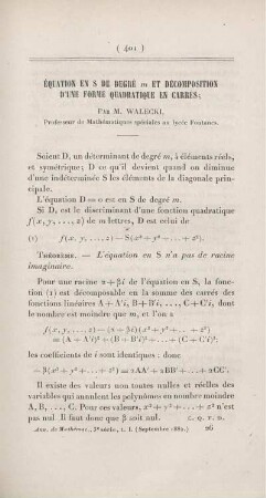 Équation en s de degré m et décomposition d'une forme quadratique en carrés.