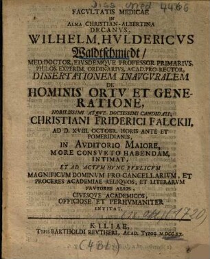 Dissertationem Inavgvralem De Hominis Ortv Et Generatione