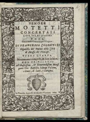 Francesco Colombini: Motetti concertati a due, tre, et quattro voci. Tenore
