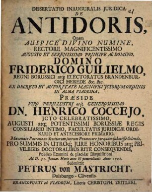 Dissertatio Inauguralis Juridica De Antidoris