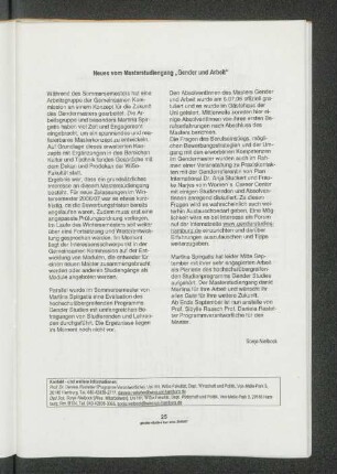 Neues vom Masterstudiengang "Gender und Arbeit"